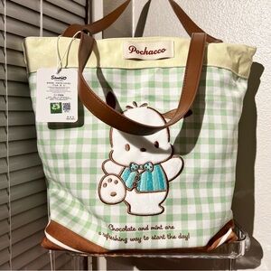 NWTS SANRIO x Pochacco Green & Brown plaid zipper Tote Bag